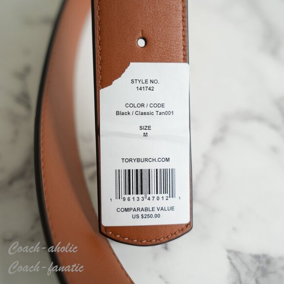 Tory Burch Britten Logo Reversible Black Tan Leather 1.5" Width Belt 141742 - Picture 5 of 5